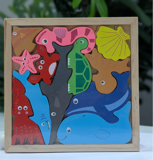Wooden ocean animal puzzle with colorful sea creatures for toddlers