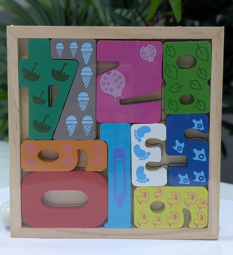 Colorful wooden number puzzle with eco-friendly painted digits and nature-themed patterns